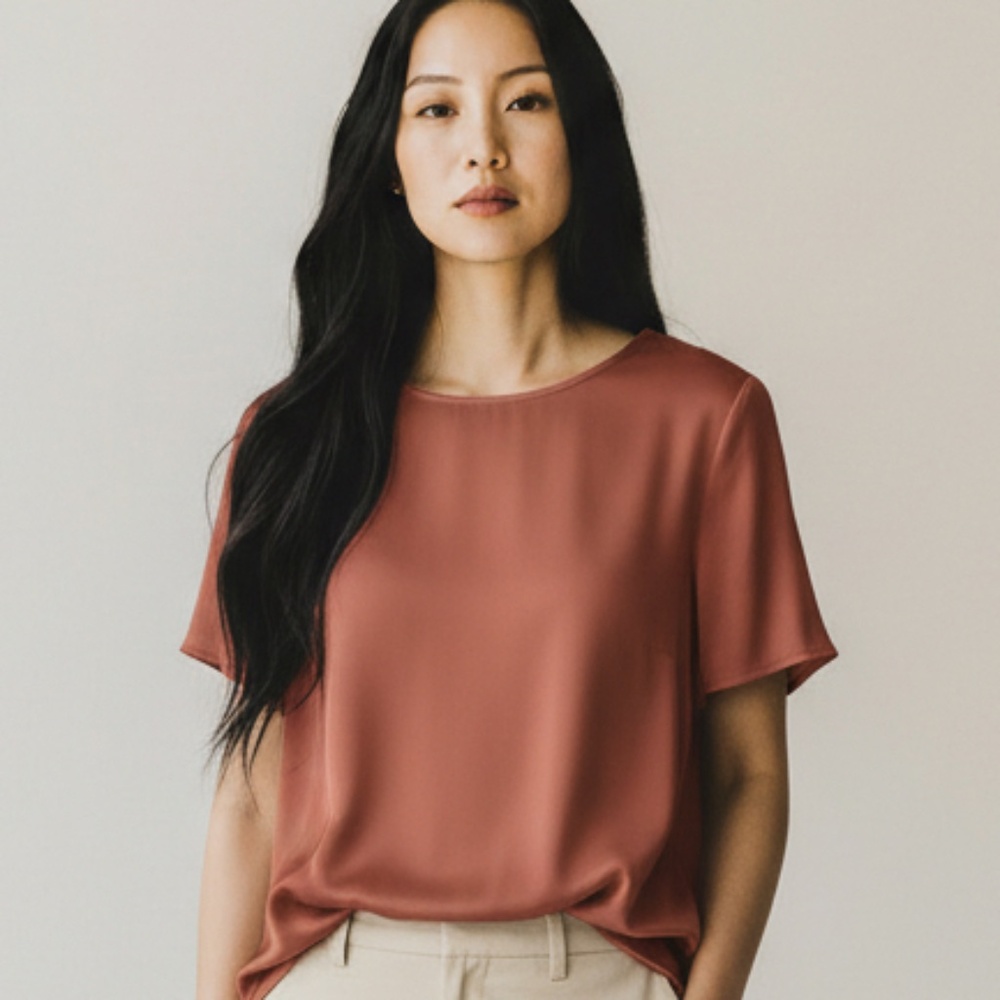 Quince Washable Stretch Silk Tee Coral/Brick | Size M